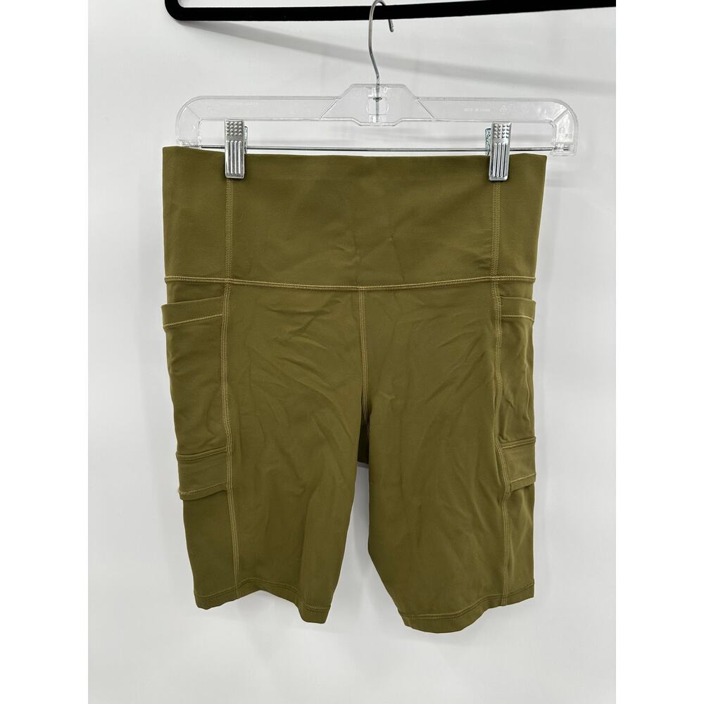 Athleta Salutation Stash Cargo 9" Short Acacia Olive Green Pockets Biker Sz Med